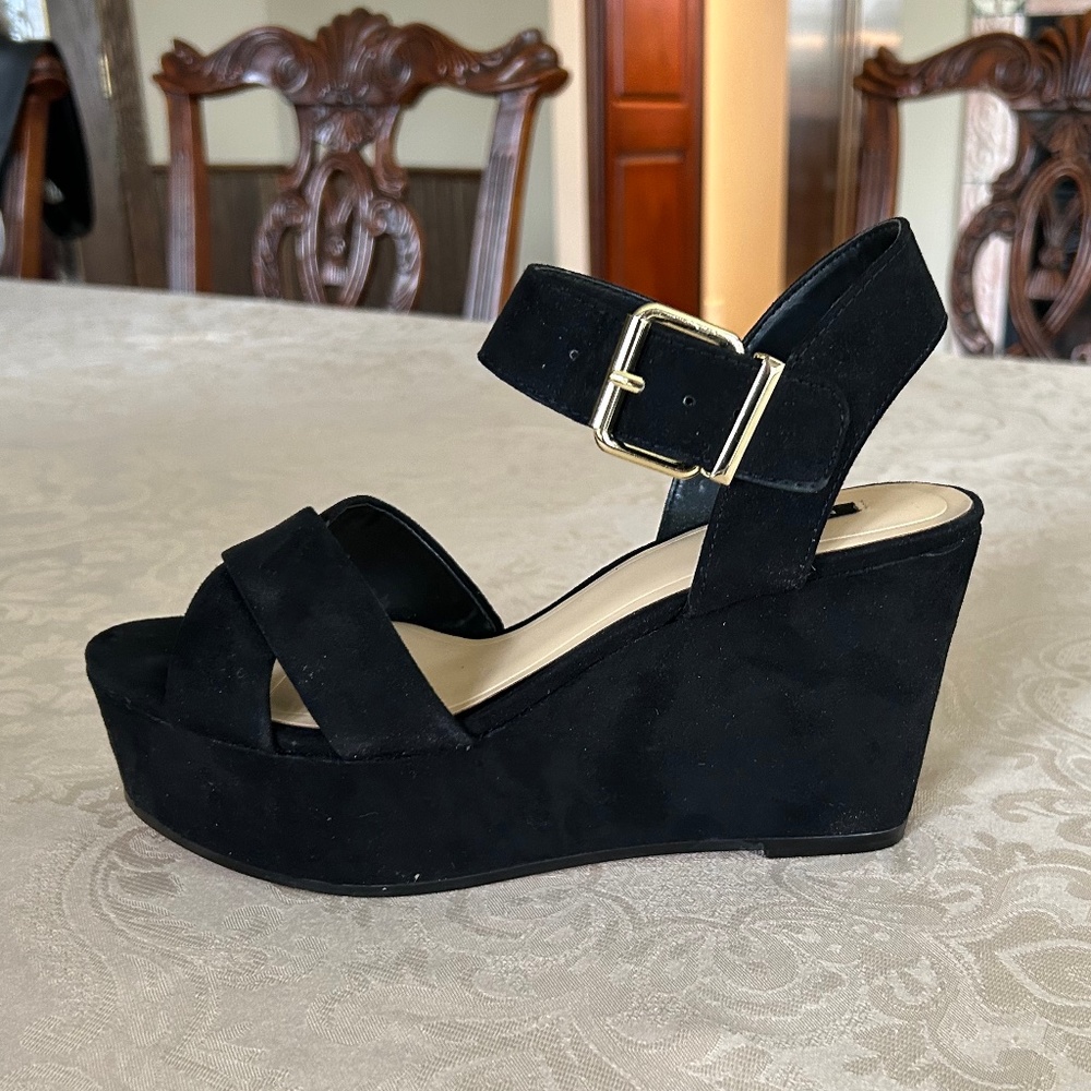 Mango High Heel Wedge Sandal, Black Suede, EU 39 / US 8